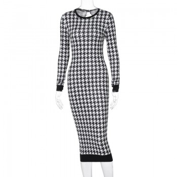  Houndstooth Print Women Long Sleeve Midi Dress Hollow Out Bodycon Sexy